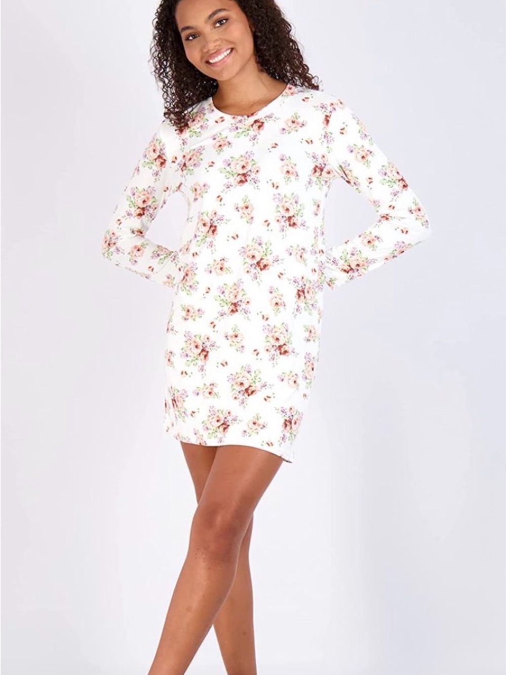 Floral Long-Sleeve Nightshirt in White